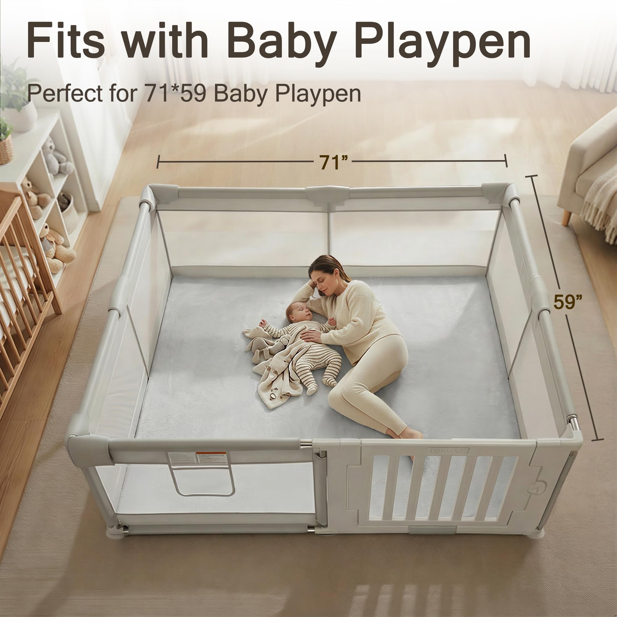 Large 71x59 area fits most playpens for versatile setup.