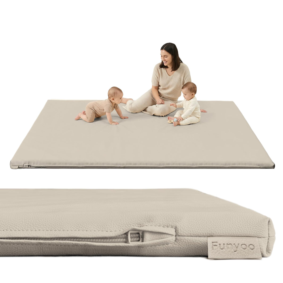 Funyoo padded play mat close-up showing grey vegan leather texture and quality.
