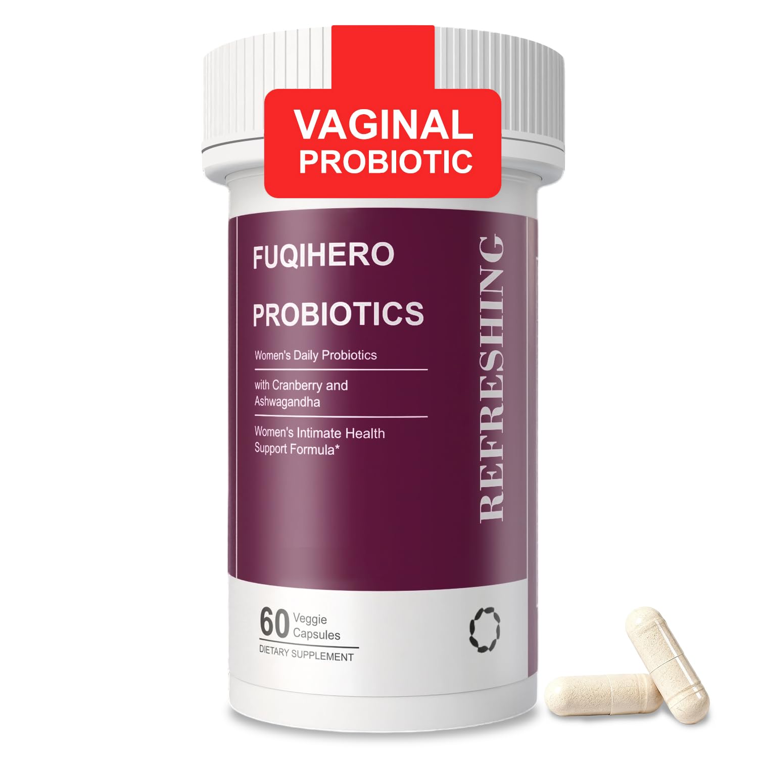 Fuqihero Vaginal Probiotics bottle showcases daily moisture and balance support.