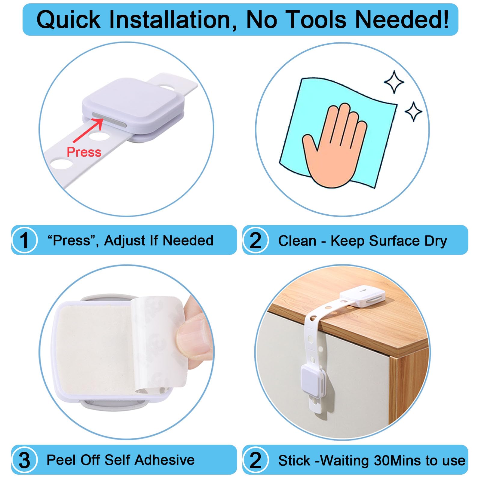 Fursafe&Q strong adhesive tape on cabinet lock, no drilling needed.