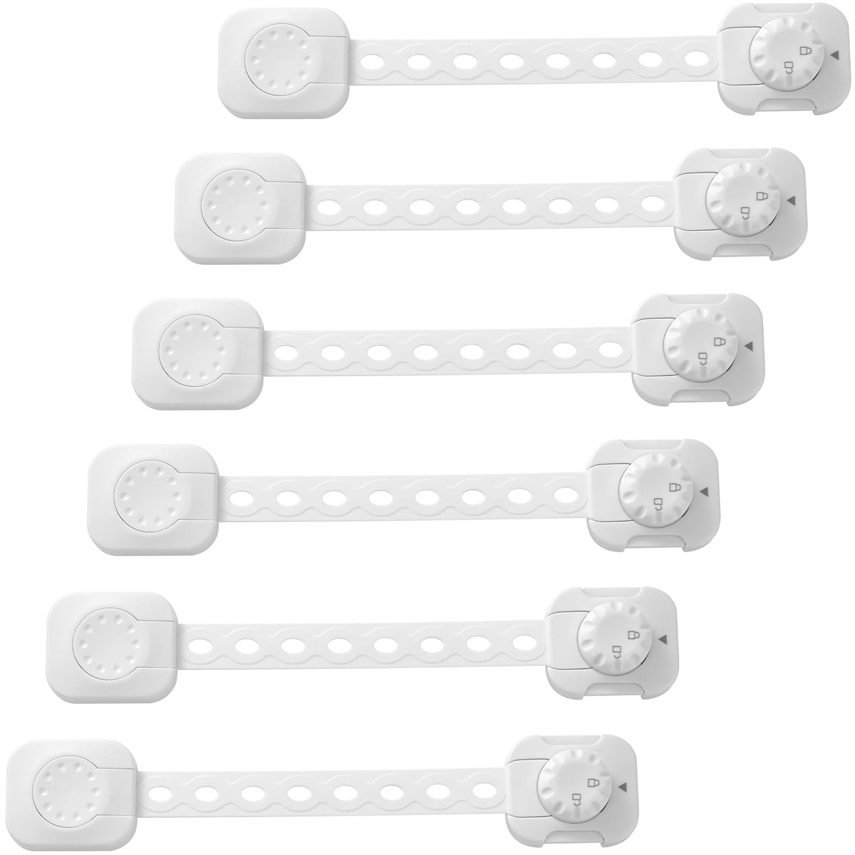 Fursafe&Q child safety locks with adhesive straps securing cabinets and drawers.