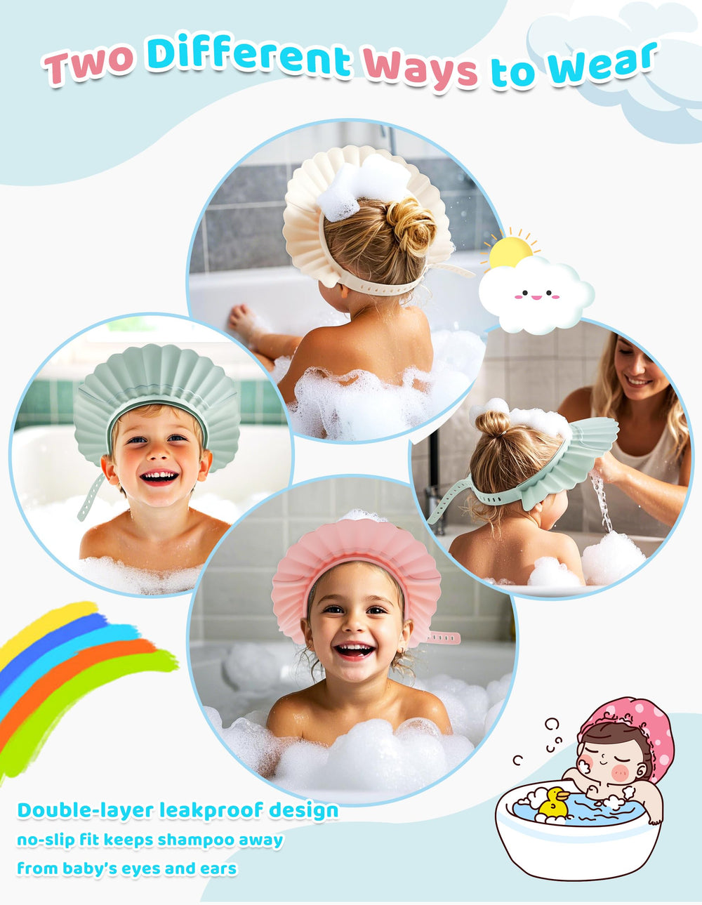 FUSACONY Bath visor shields eyes and ears during washing.