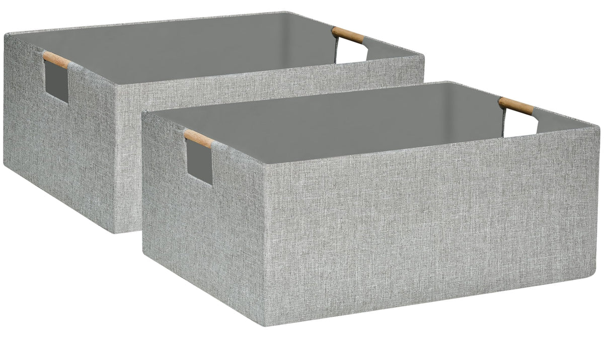 fuuloxe collapsible storage box with wooden handles for easy transport between rooms.