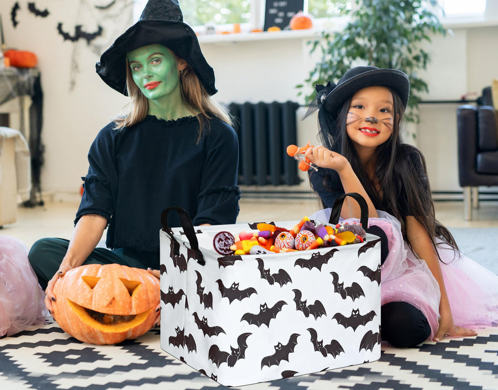 FUULOXE Halloween organizer bin featuring pumpkins and ghosts for festive organizing.