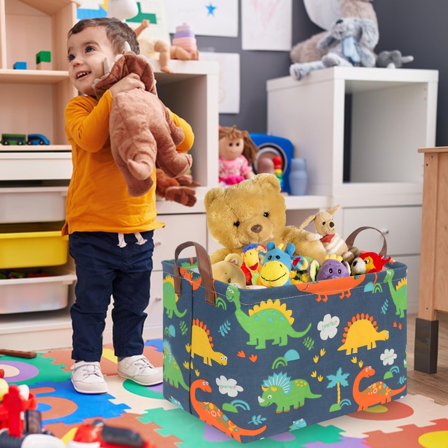 FXOCSHE Easter Dinosaur Basket toy storage with playful dinosaur motif.