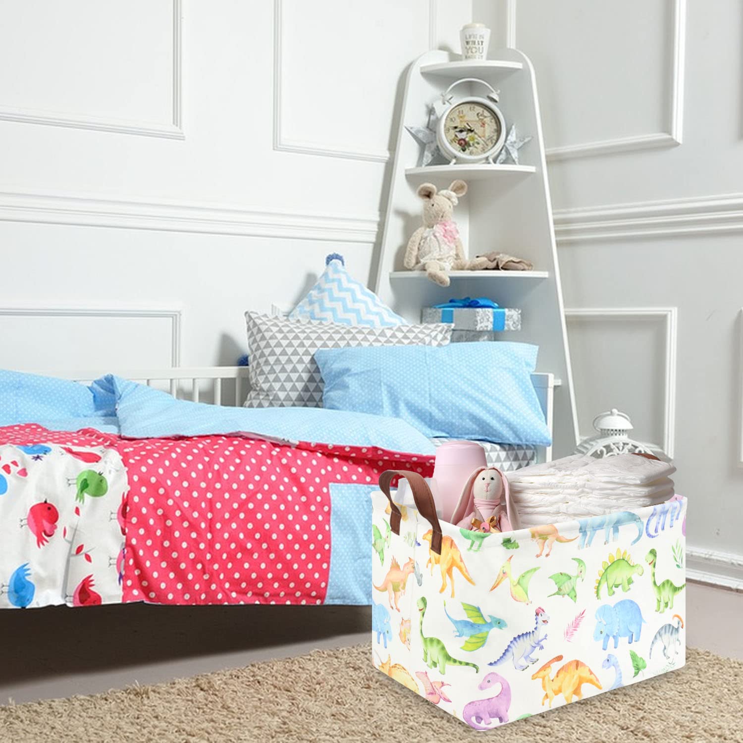 FXOCSHE Rectangle Dinosaur Basket folded, highlighting space-saving foldable design