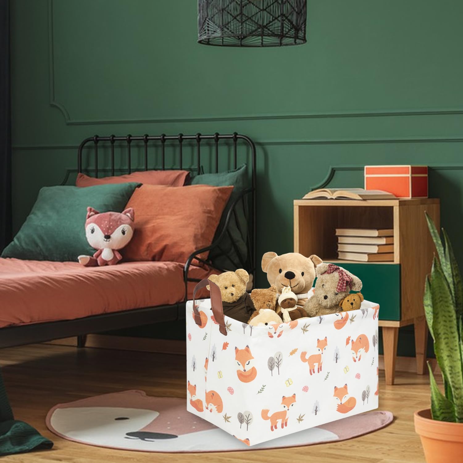FXOCSHE Rectangle Fox Basket used as a laundry hamper in a nursery.