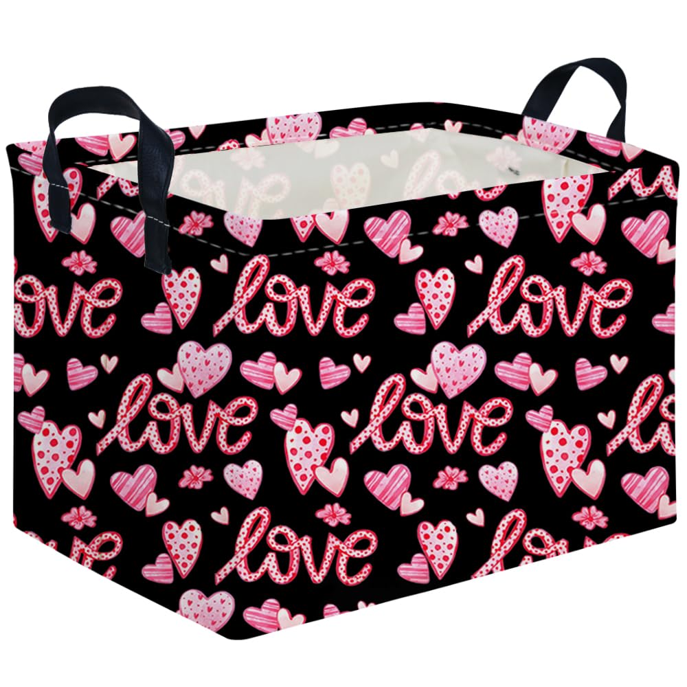 FXOCSHE rectangular black heart storage basket with pink handle for chic organization.