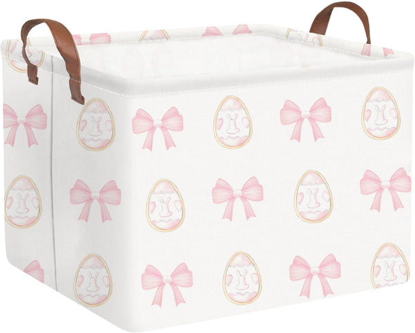 FXOCSHE rectangular Easter basket with pink bow for cute gift-giving and toy storage.