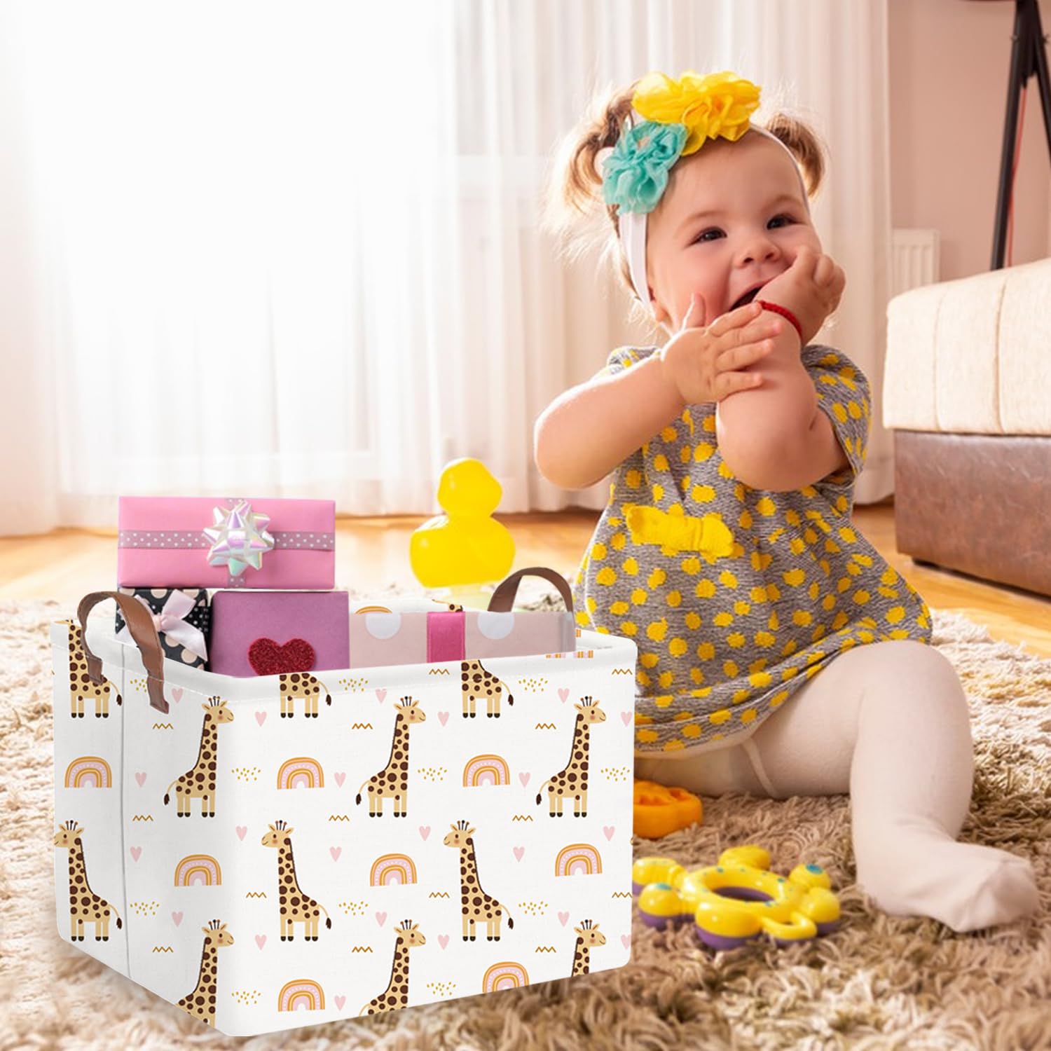 FXOCSHE giraffe basket folded corner demonstrates space-saving design.