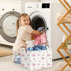 FXOCSHE rectangular rose pink basket used as laundry hamper in bedrooms