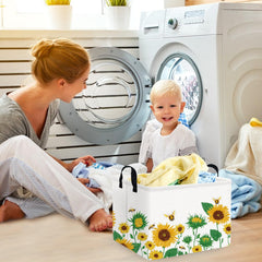 FXOCSHE rectangular sunflower basket with leather handle for portability.