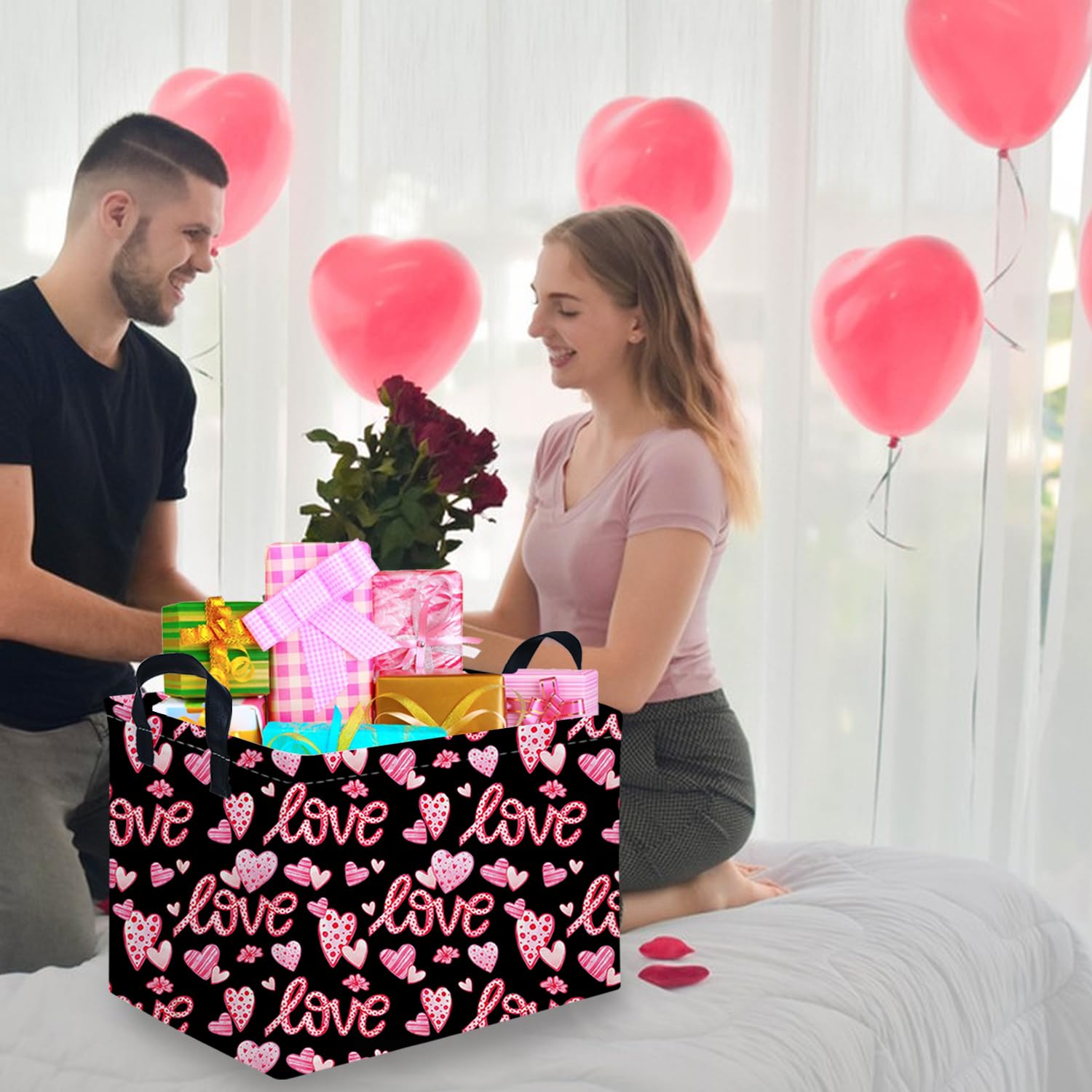 FXOCSHE Valentine basket with pink handle, ideal for gifting or decorative storage.