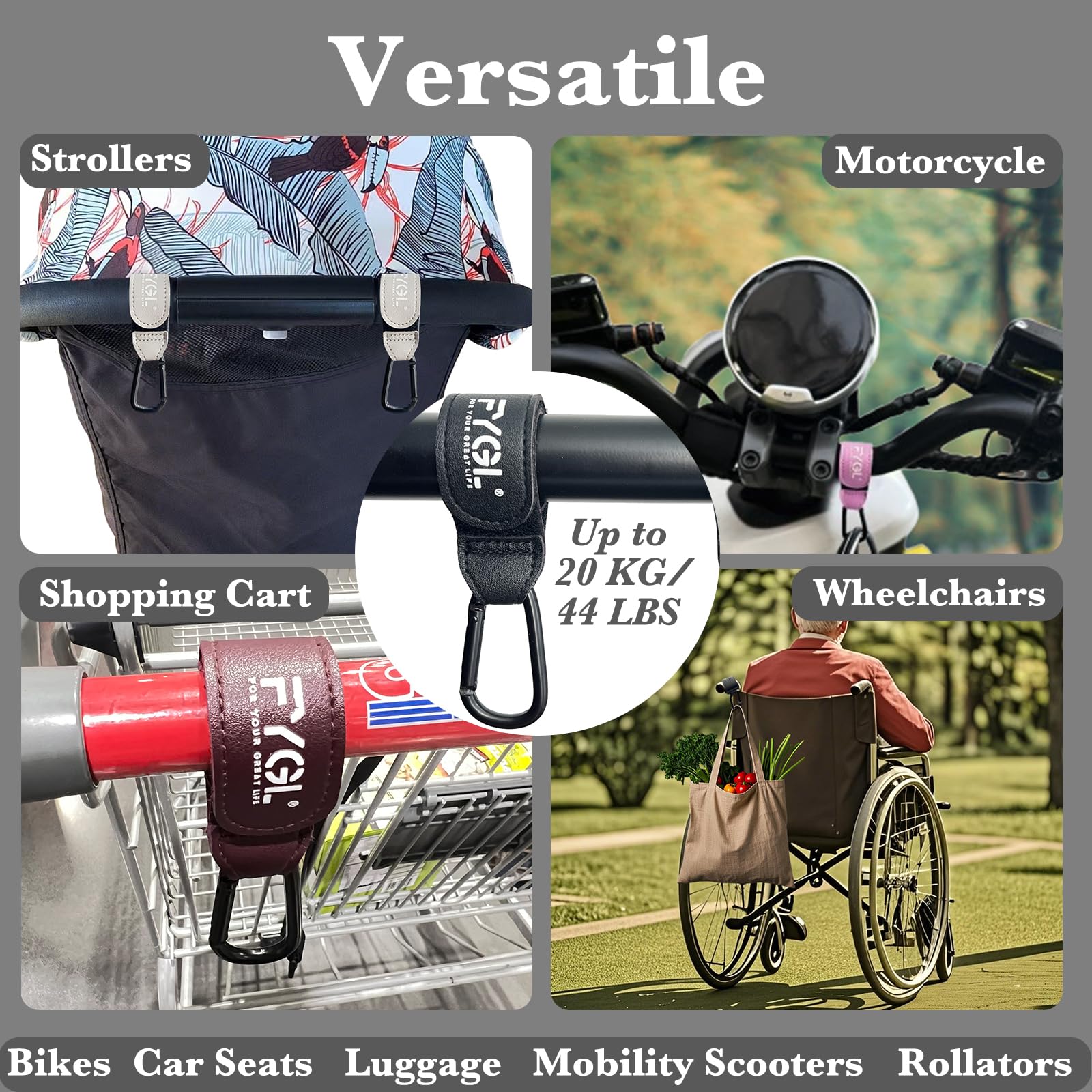 FYGL pushchair carabiner clip keeps bags within easy reach.