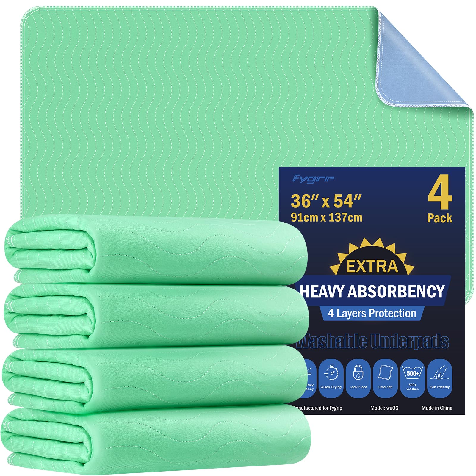 FYGRIP 4-pack bed pads with waterproof backing for all-night protection.