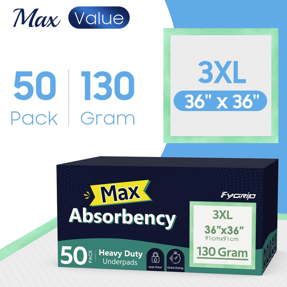 FYGRIP underpad packaging highlights 50-count value for caregivers.