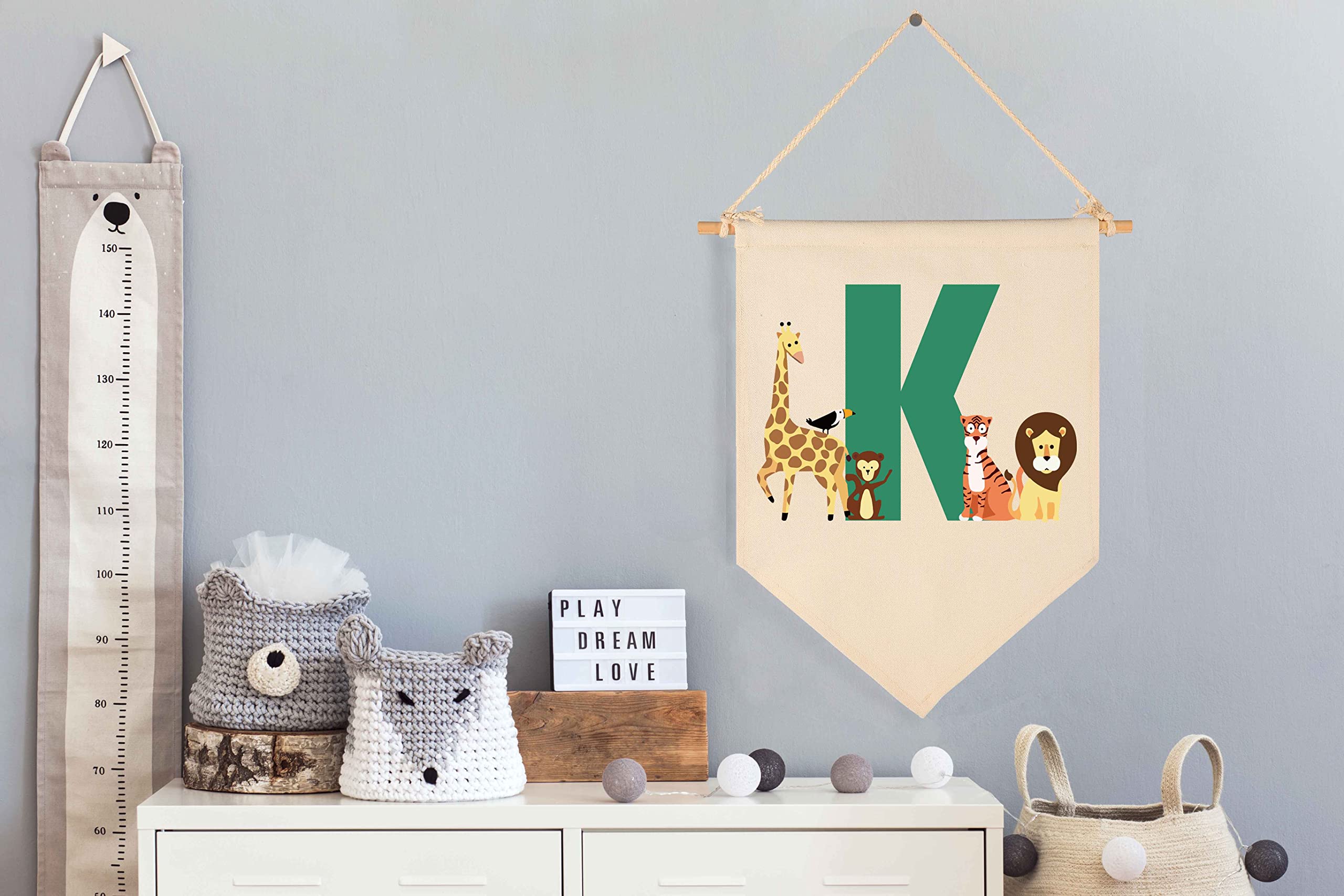 FYSIA monogram K banner wall hanging for front door and playroom décor.