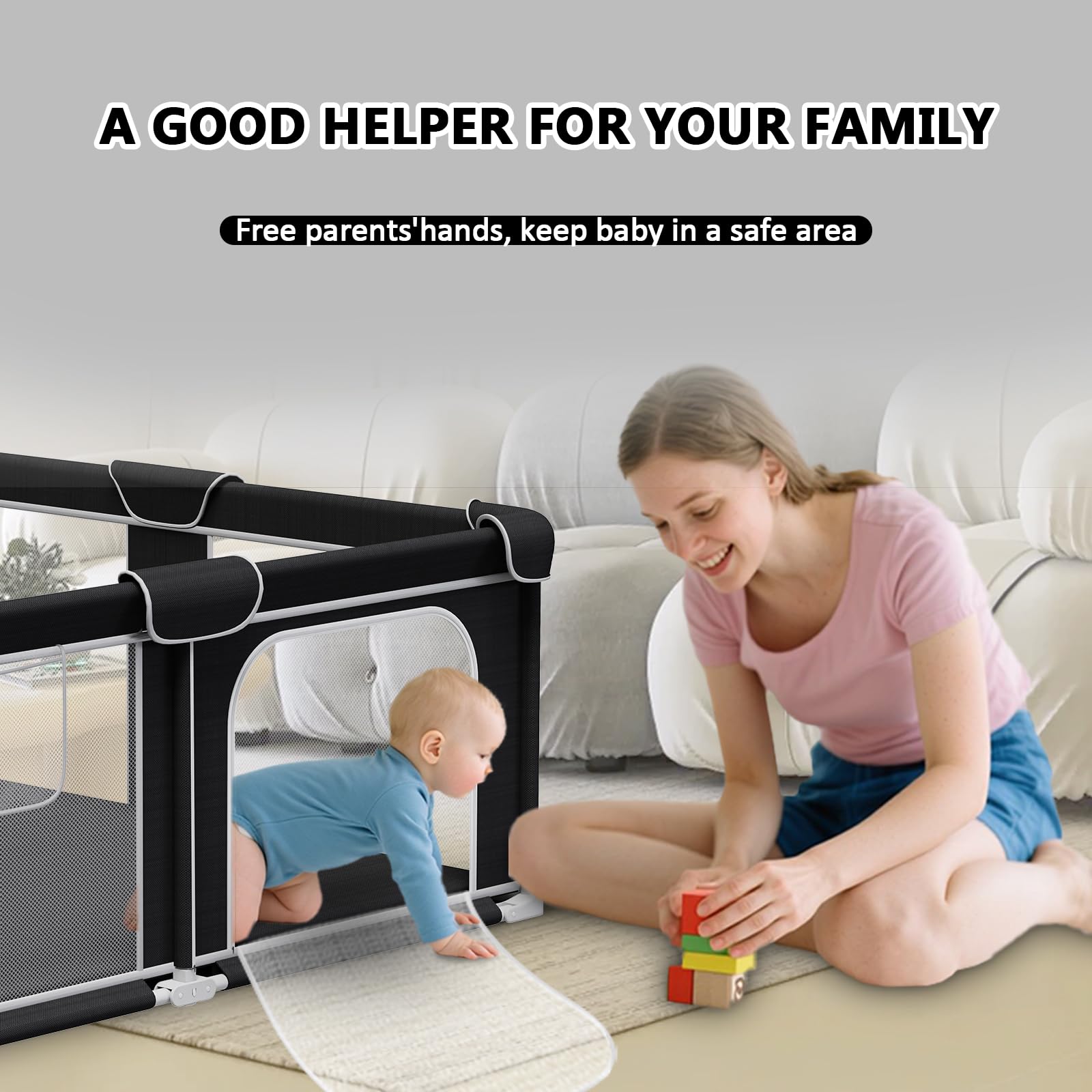 G TALECO GEAR 50x50 inch play zone offers room to crawl and practice standing.