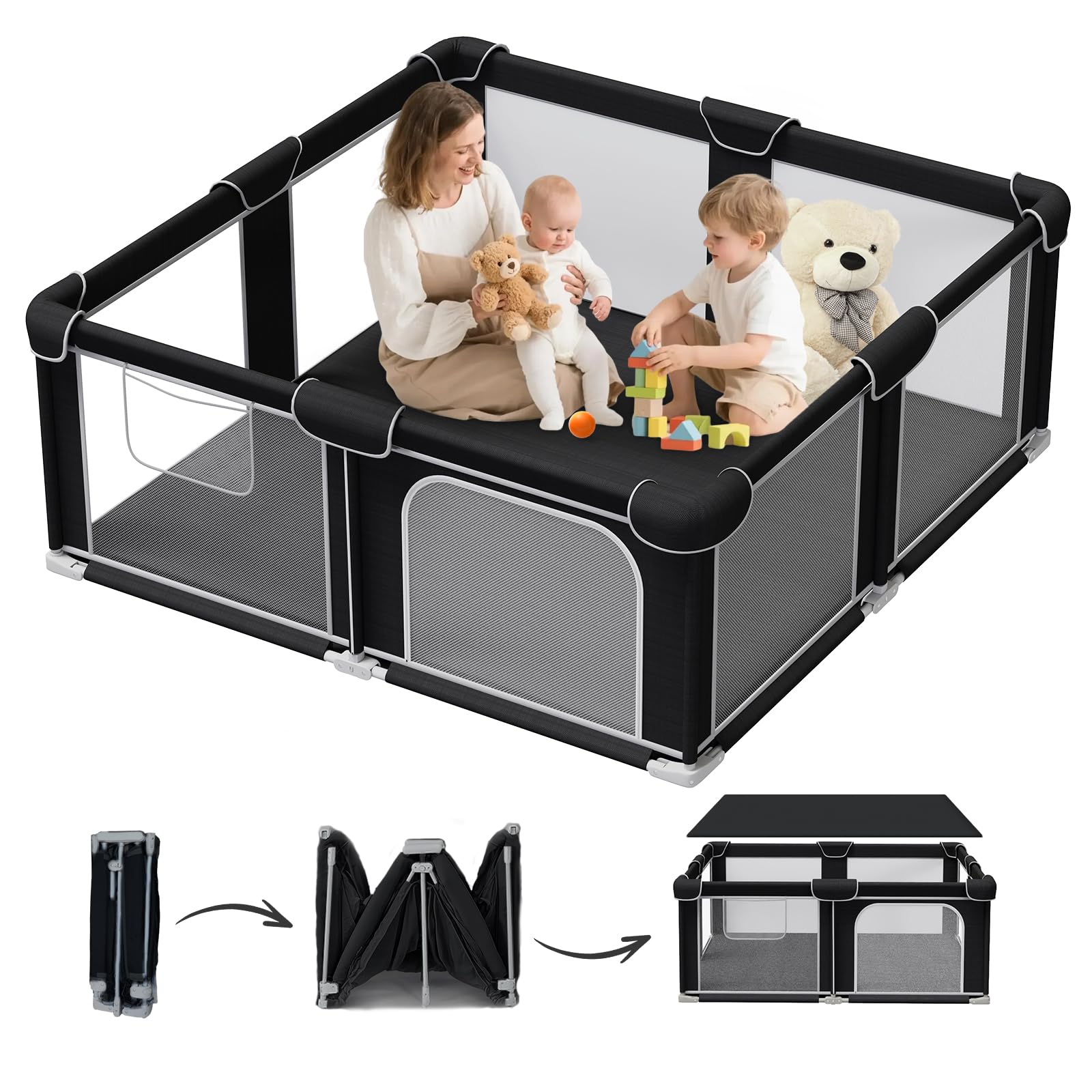 G TALECO GEAR foldable playpen frontal view showing spacious area for baby play.