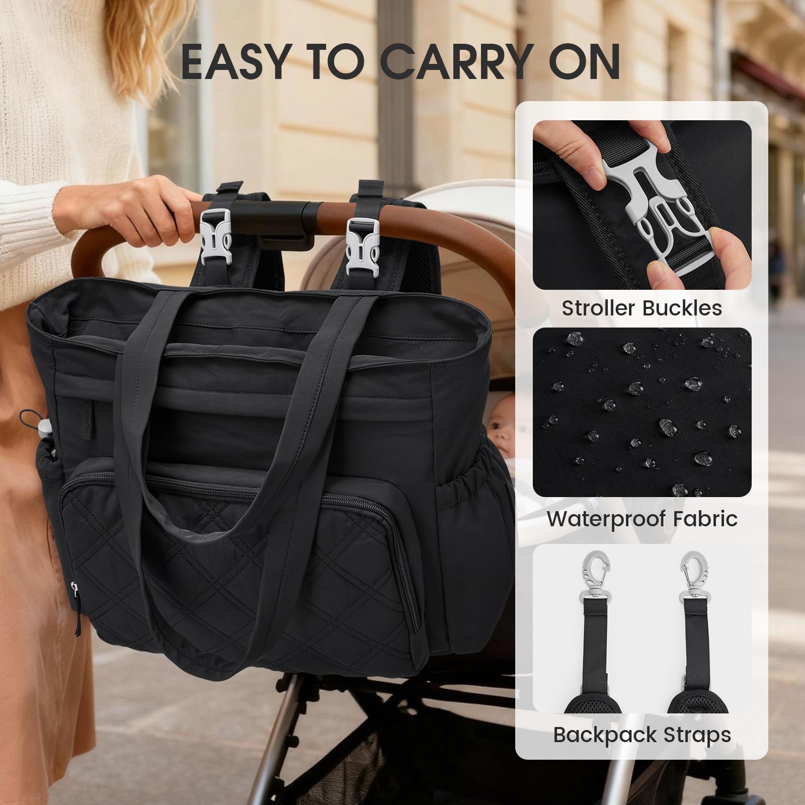 G4Free diaper bag with stroller clips for hands-free travel
