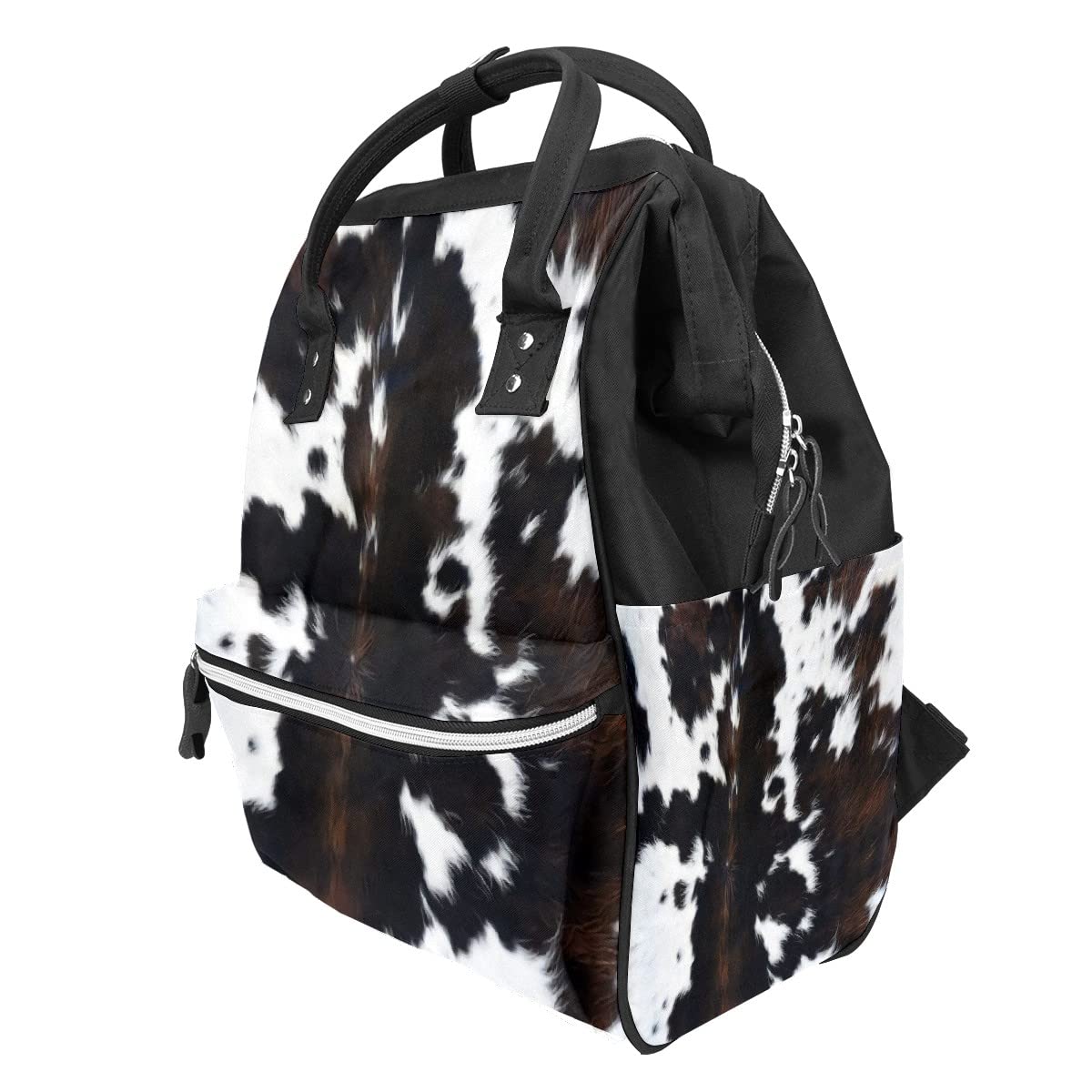 GACTIVITY cowprint front zip pocket for quick access to diapers and wipes.