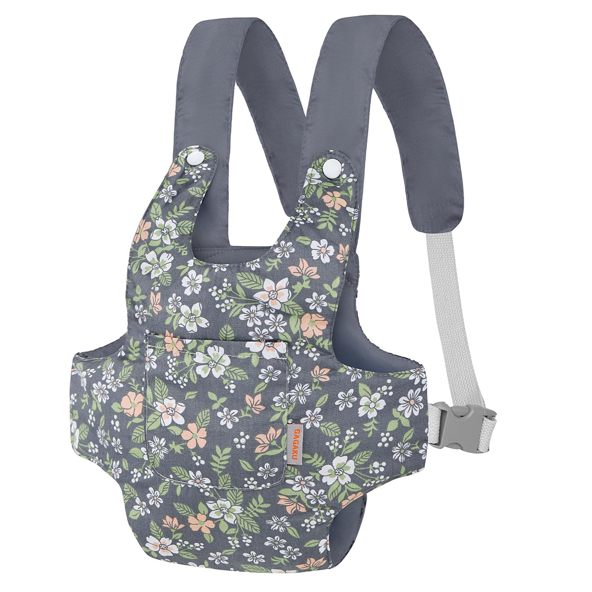 GAGAKU baby doll carrier in gray leaf, front view, soft cotton for dolls