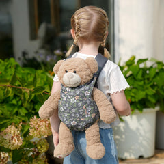 GAGAKU doll carrier gray leaf side view showing straps and pocket use
