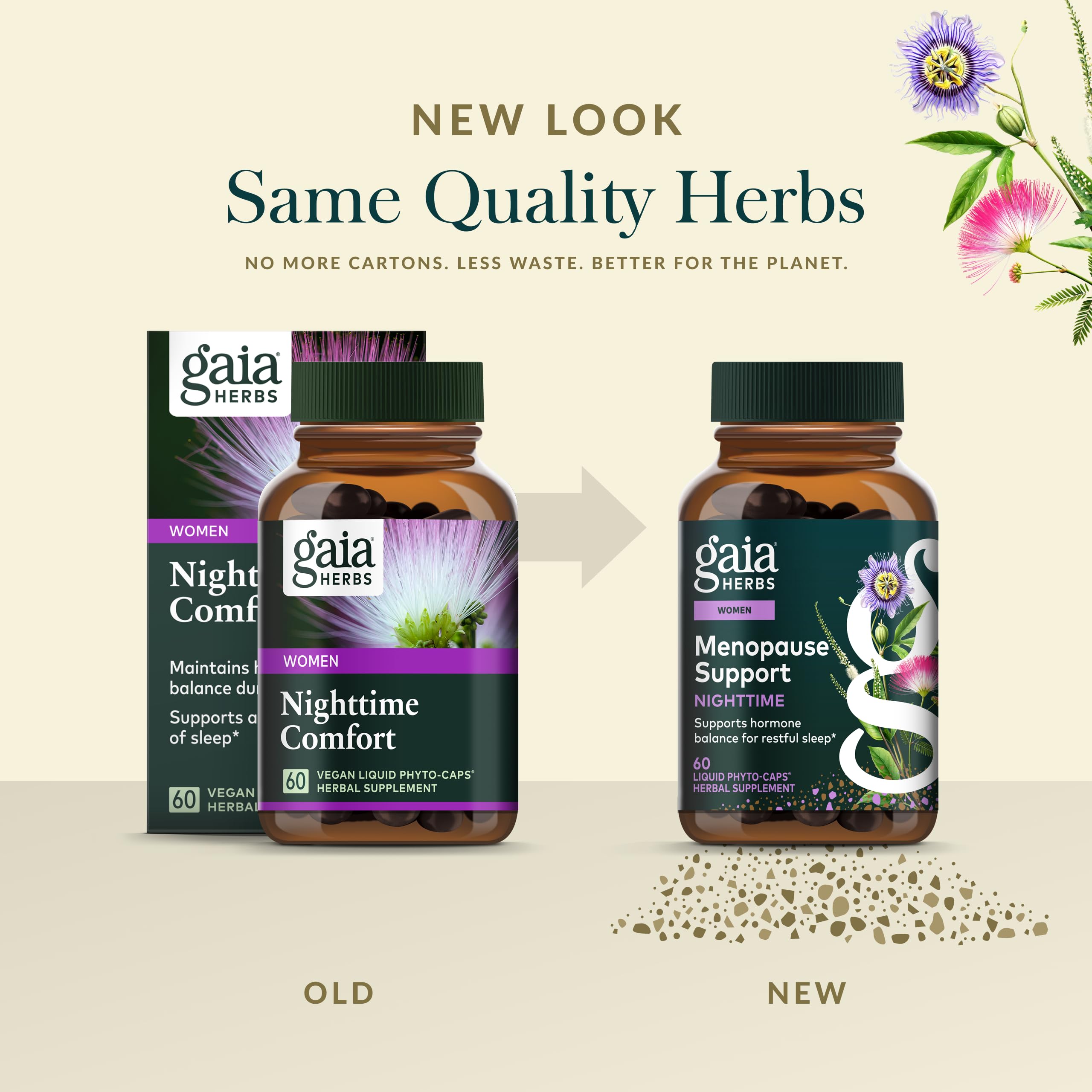 Gaia Herbs Nighttime Comfort capsules in blister-free packaging for easy nightly routines