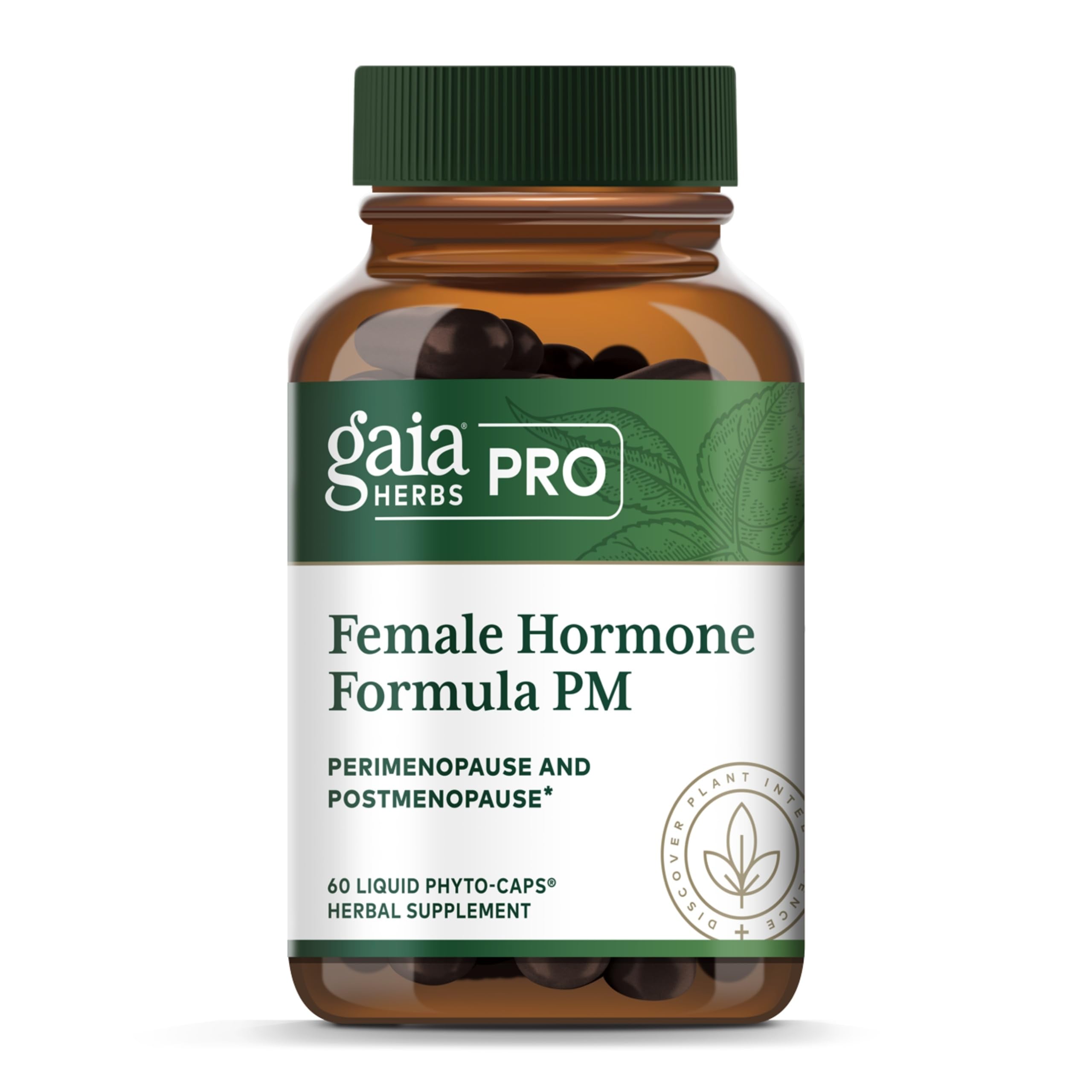 Gaia Herbs PRO Female Hormone Formula PM bottle shows menopause support potential in a vegan supplement