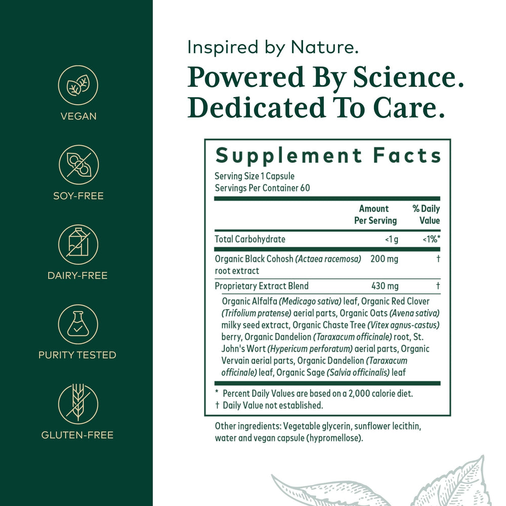 GAIA Herbs Pro Female Support bottle back shows ingredients and serving size for informed use.