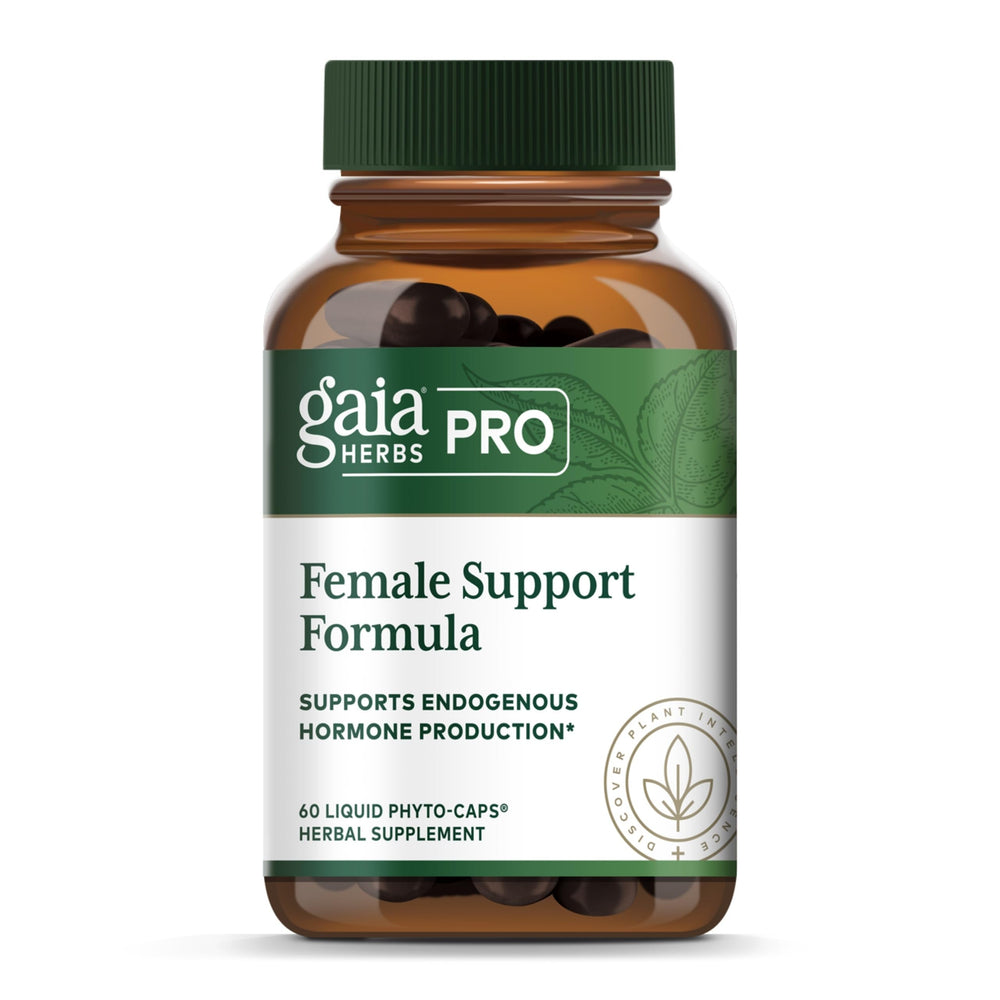 GAIA Herbs Pro Female Support bottle front, vegan capsules offering potential hormonal balance support.