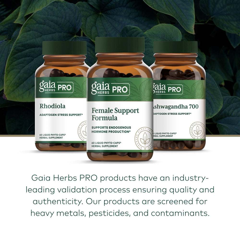 GAIA Herbs Pro premium ingredients label, featuring wild oats, red clover, and chaste tree.