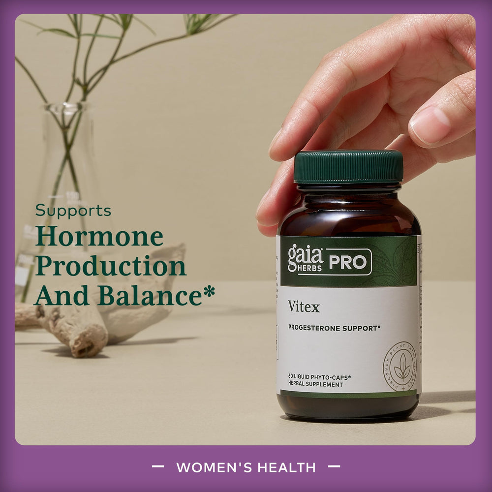 Gaia Herbs PRO Vitex Pro label highlights organic chaste tree berry extract.