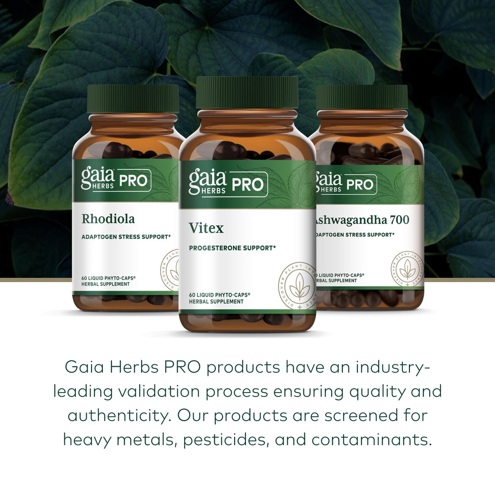 Gaia Herbs PRO Vitex Pro packaging box on a wooden surface.