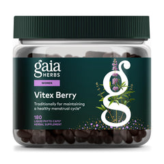 Gaia Herbs Vitex Berry bottle with vegan phyto-caps for potential hormone balance support.