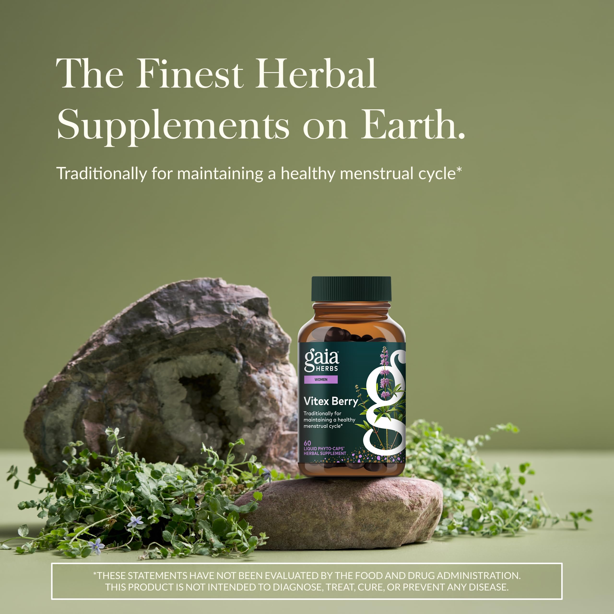 Gaia Herbs Vitex Berry capsules close-up emphasizing vegan capsules for daily use.
