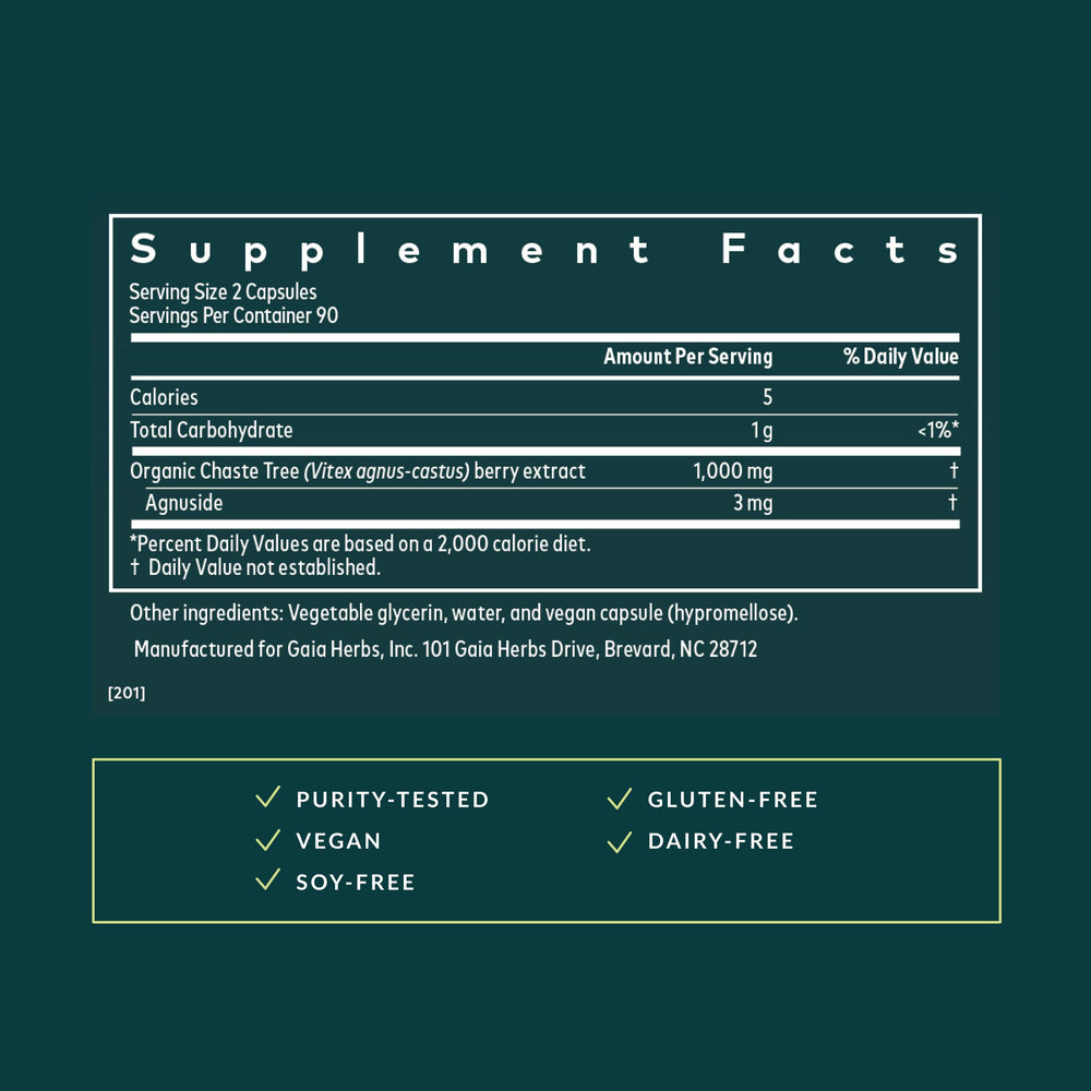 Gaia Herbs Vitex Berry capsules stacked, offering convenient daily vegan intake for potential hormone balance.
