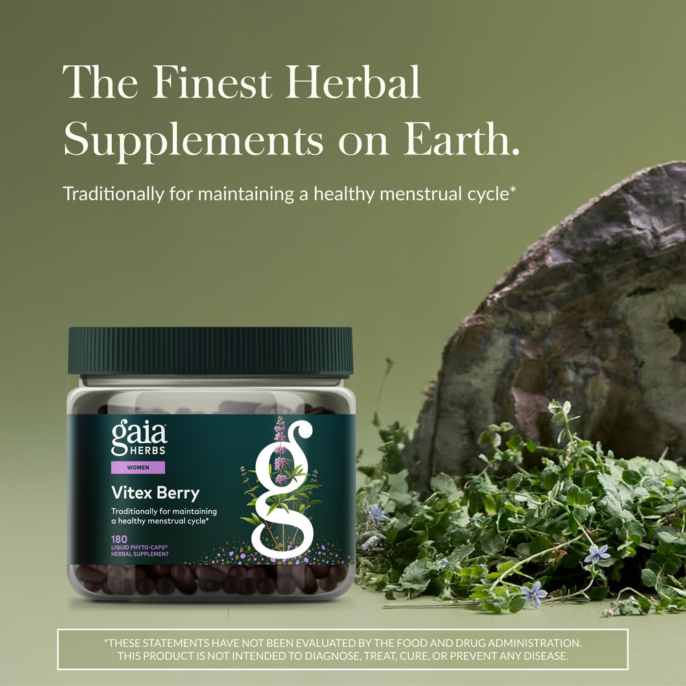 Close-up of Gaia Herbs Vitex Berry label highlighting a plant-based formula for potential menstrual support.