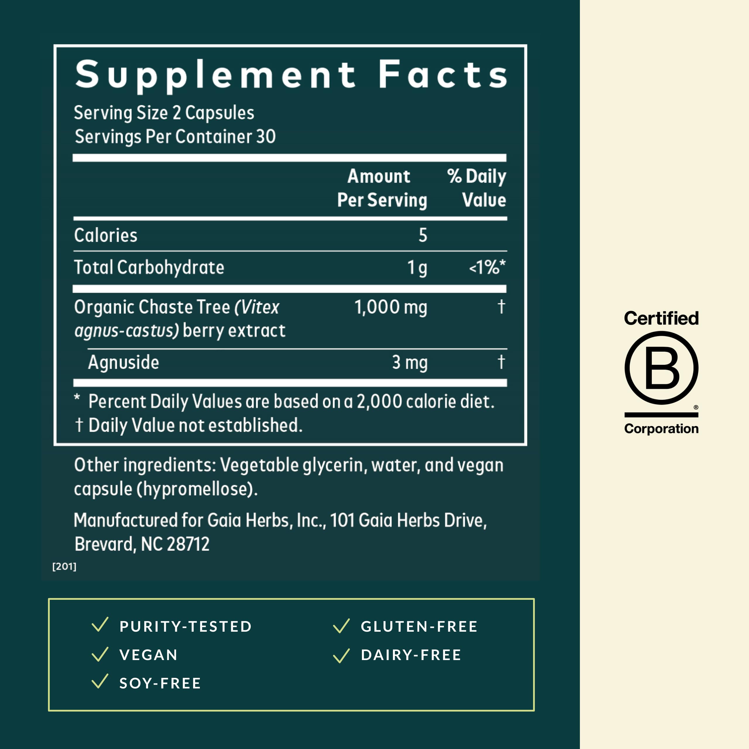Gaia Herbs Vitex Berry label detail highlights FAIRWILD sourcing.