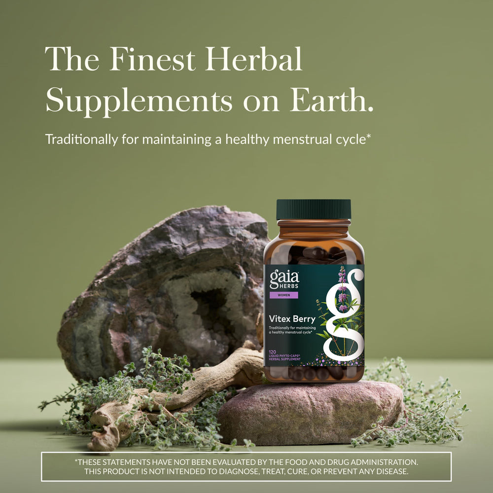 Gaia Herbs Vitex Berry label highlighting traditional chaste-tree formula for balance