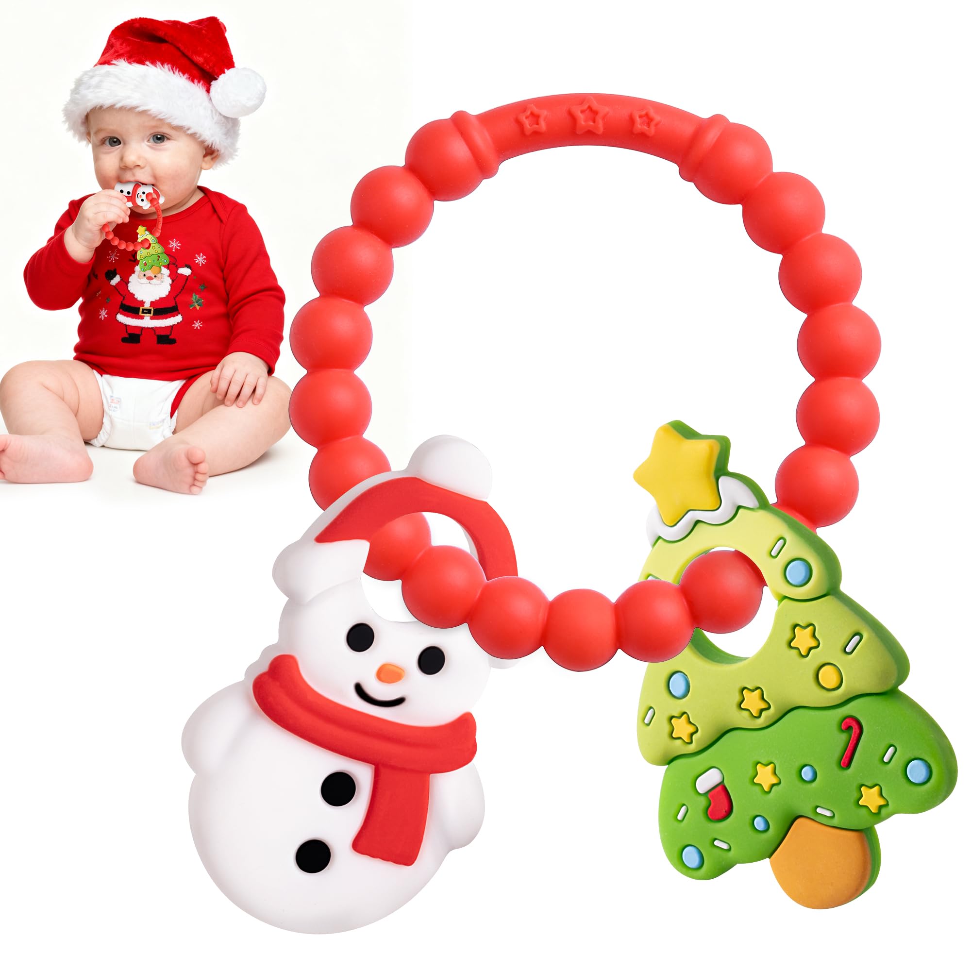 Gaiabliss Christmas teether snowman close-up with silicone texture for gentle gums