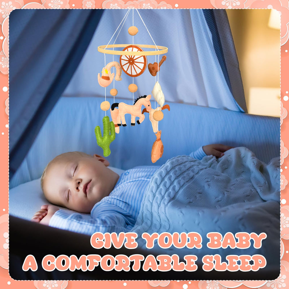 Gaiaring cowboy mobile boots and clouds accents brighten the nursery ambiance.