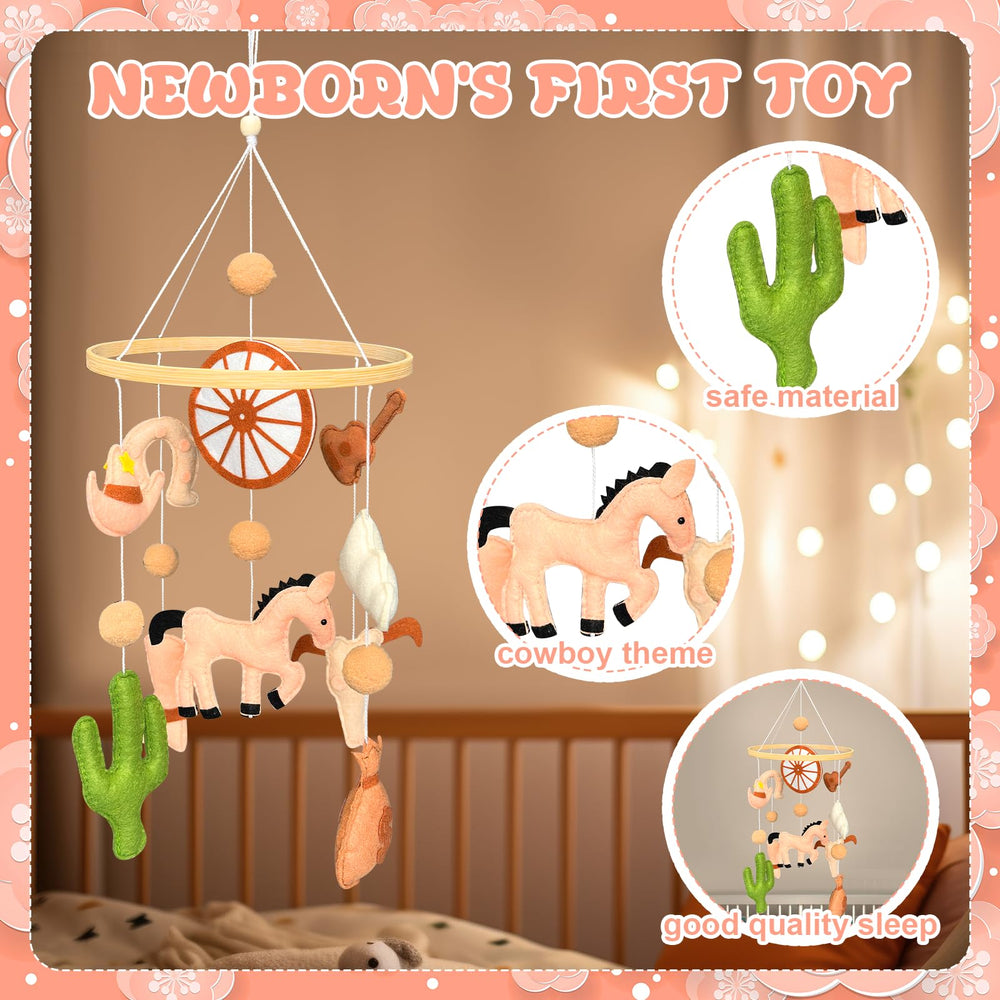 Gaiaring cowboy mobile with horseshoe and wheel design enhances nursery detail.