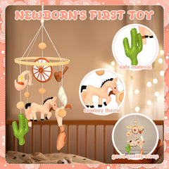 Gaiaring cowboy mobile with horseshoe and wheel design enhances nursery detail.
