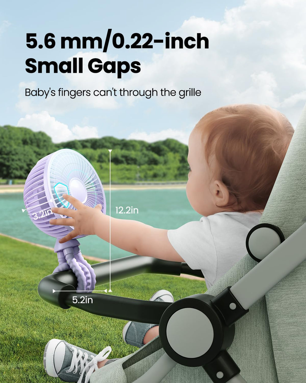 Gaiatop clip-on baby fan rotates 360 degrees for flexible airflow.