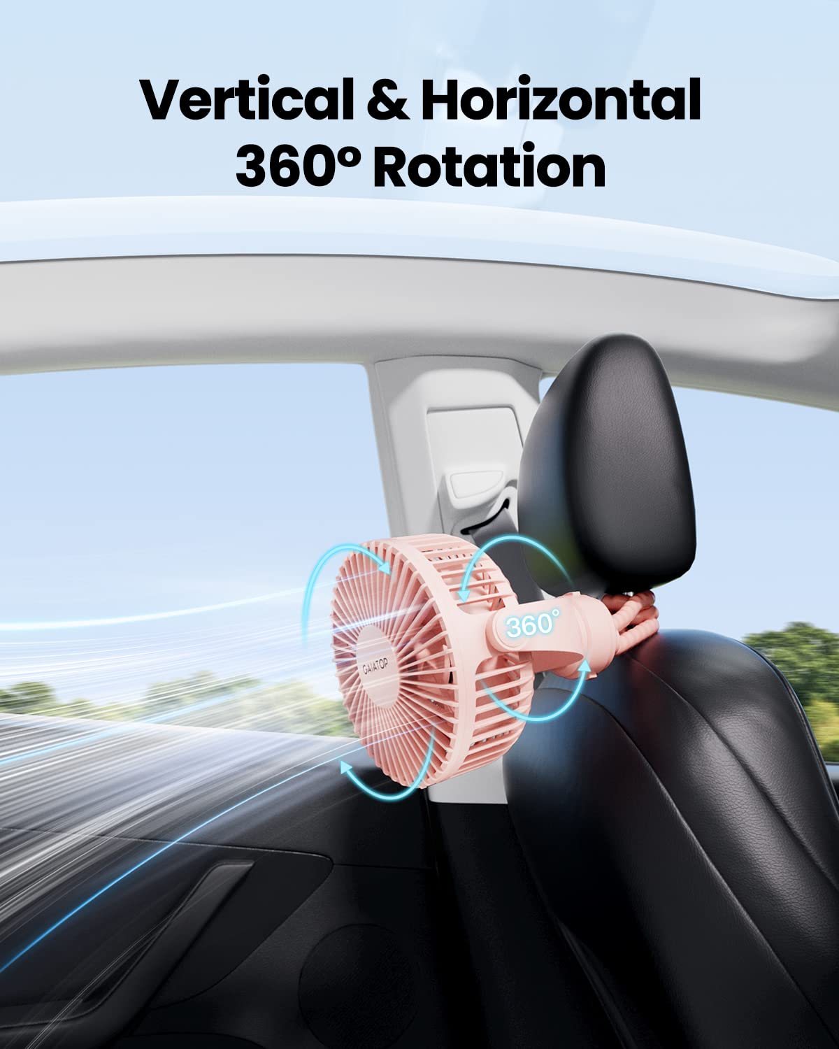 Gaiatop mini portable stroller fan 360-degree rotation for adjustable breeze.