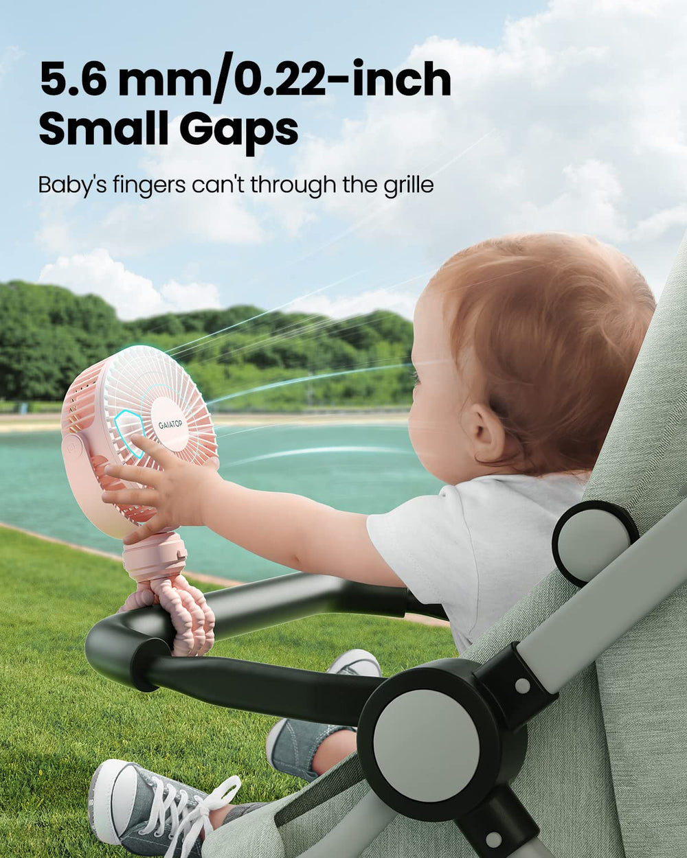 Gaiatop mini portable stroller fan clip-on use highlighting easy attachment and hands-free cooling.