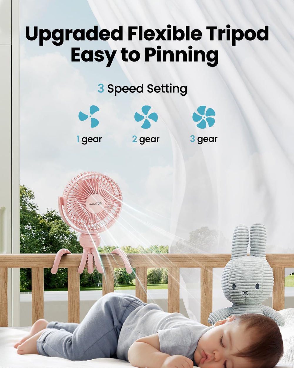 Gaiatop mini portable stroller fan tripod detail with silicone shell durability.