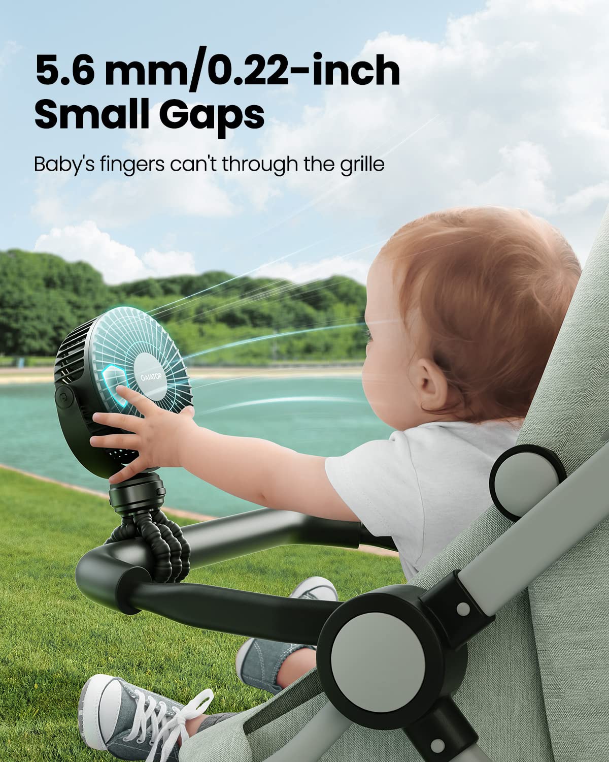 Gaiatop mini stroller fan 360-degree rotation offers flexible cooling from any seating position.