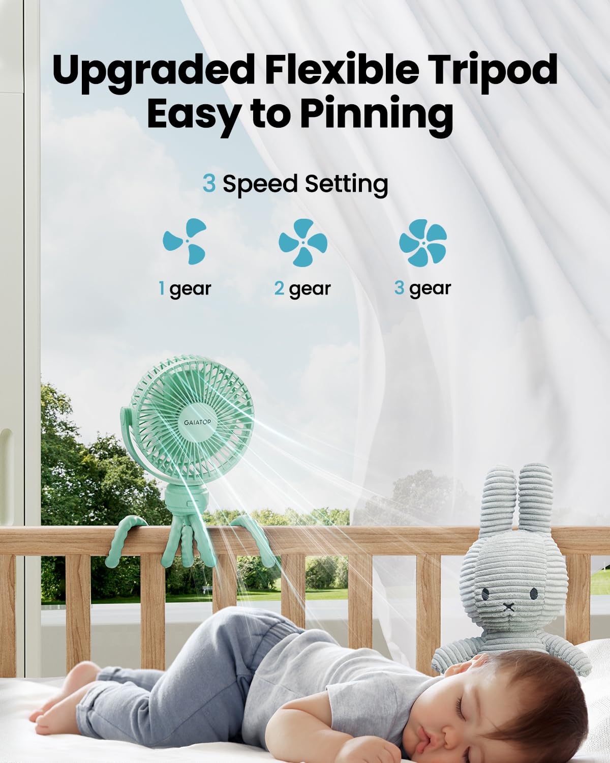 Gaiatop mini stroller fan clip-on attached for hands-free cooling.